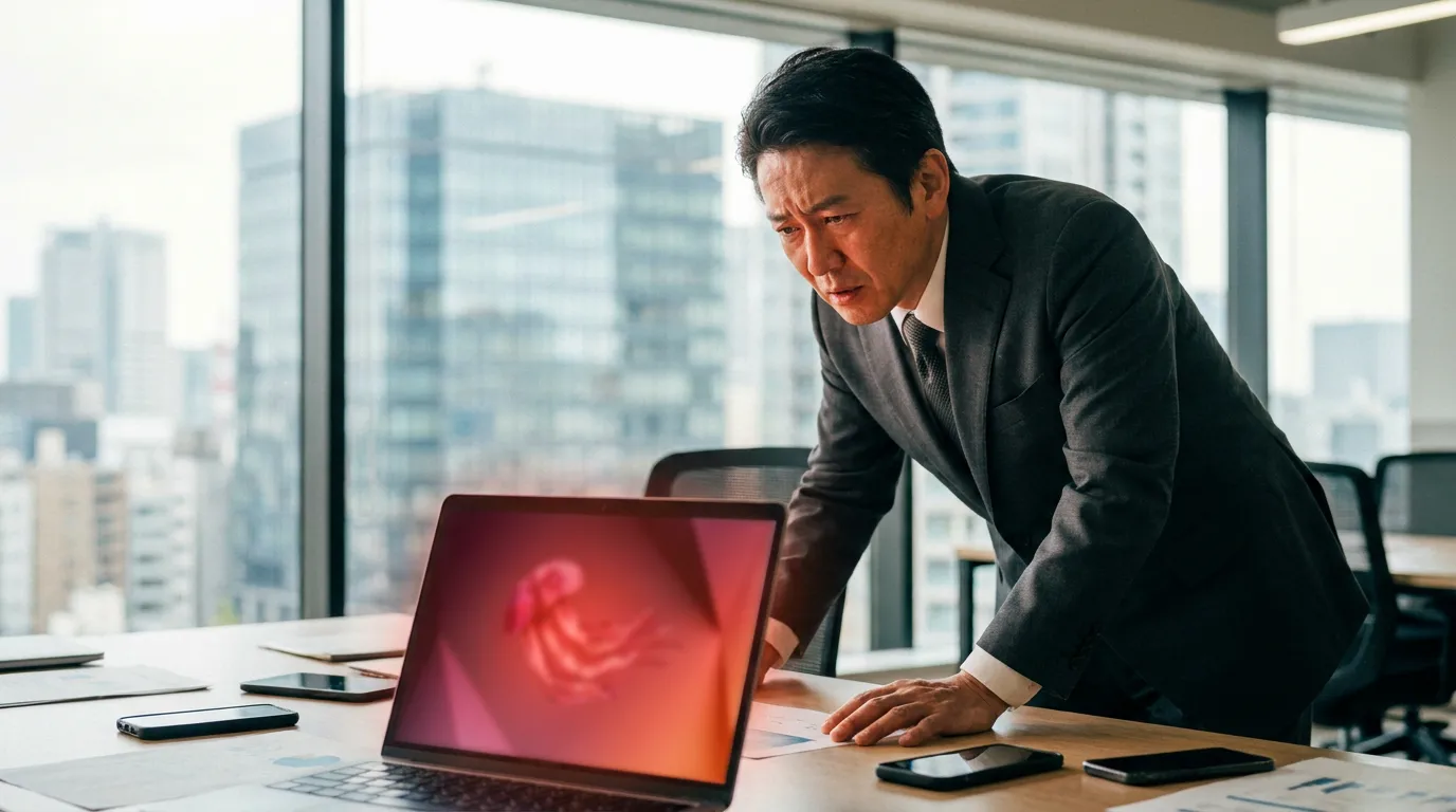 情報漏洩のニュースに緊張した表情を見せるビジネスパーソン