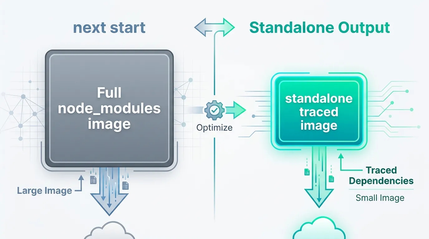 Comparison of a full next start Docker image versus a standalone output image