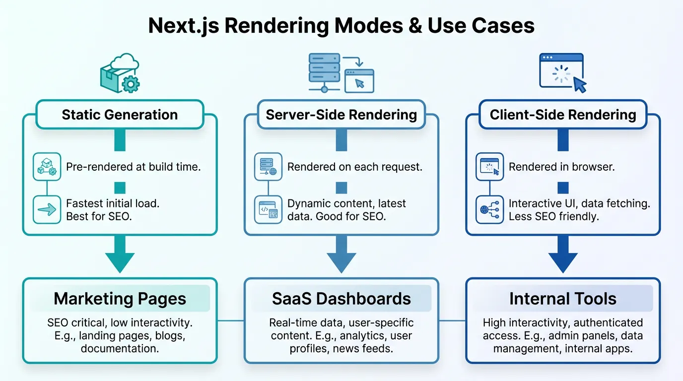 Diagram showing Next.js rendering modes - static generation, server-side rendering, client-side rendering - mapped to use cases like marketing pages, SaaS dashboards, and internal tools