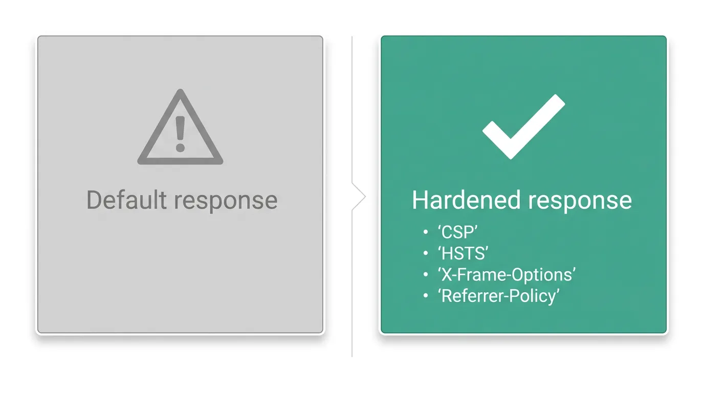 Comparison of a default HTTP response without security headers versus a hardened response with CSP, HSTS, X-Frame-Options, and Referrer-Policy