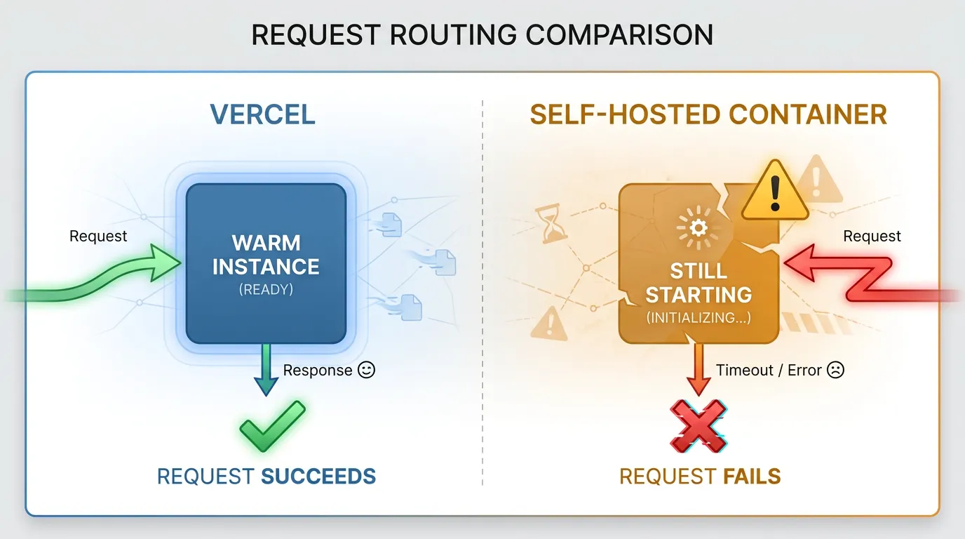 Comparison of Vercel routing traffic only to a warm instance versus a self-hosted container accepting traffic before it is ready