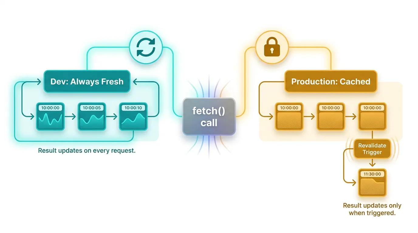 Diagram showing a Next.js fetch call staying fresh in development but cached until revalidation in production