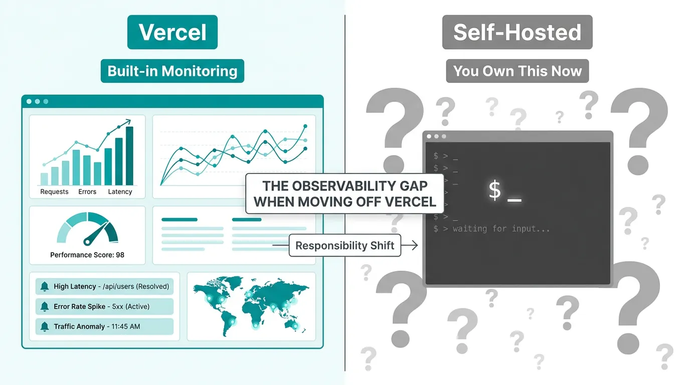Split illustration comparing Vercel's built-in monitoring dashboard with a bare terminal on a self-hosted Kubernetes deployment