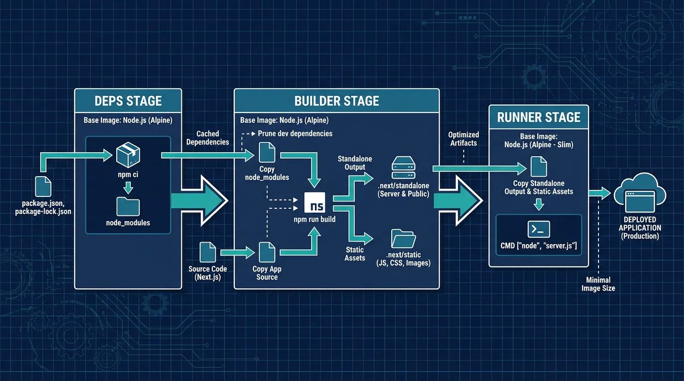 Multi-stage Docker build diagram showing deps, builder, and runner stages for a standalone Next.js output