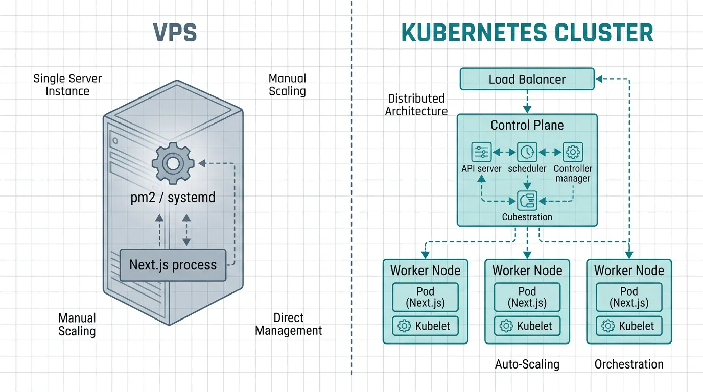 Diagram comparing a VPS running Next.js via pm2 to a Kubernetes cluster with control plane, worker nodes, and a load balancer