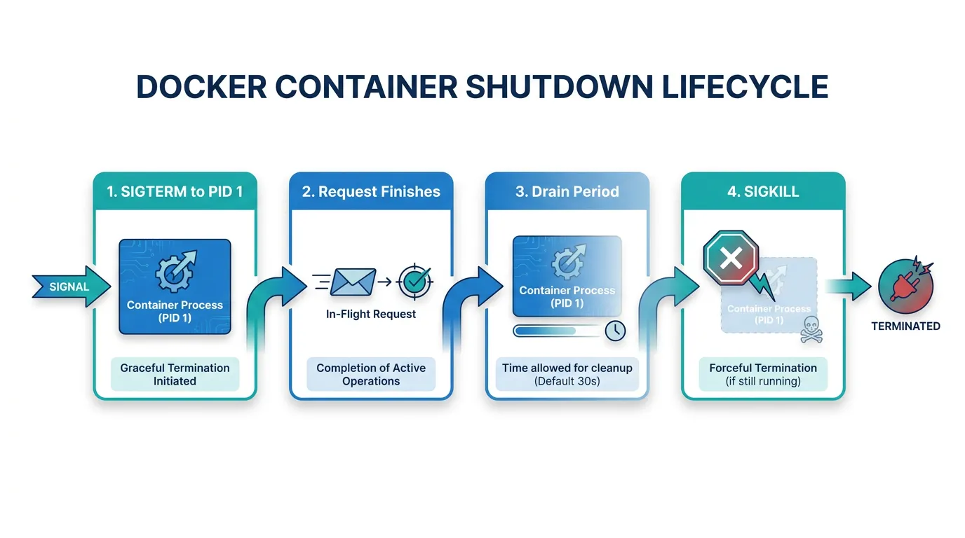 Docker container shutdown lifecycle: SIGTERM to PID 1, request finishes, then SIGKILL