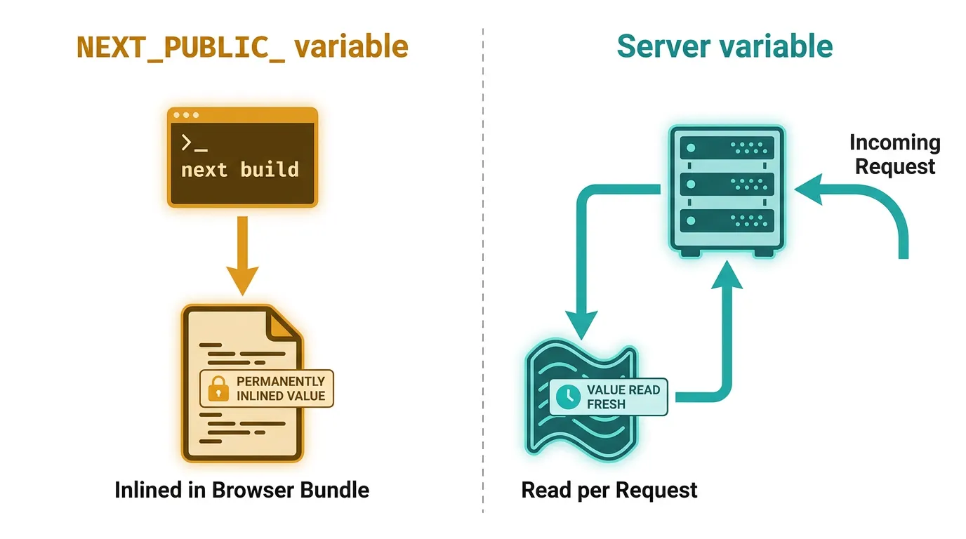 Comparison diagram of a NEXT_PUBLIC_ variable being inlined into the client bundle at build time versus a server-only variable being read from process.env at request time
