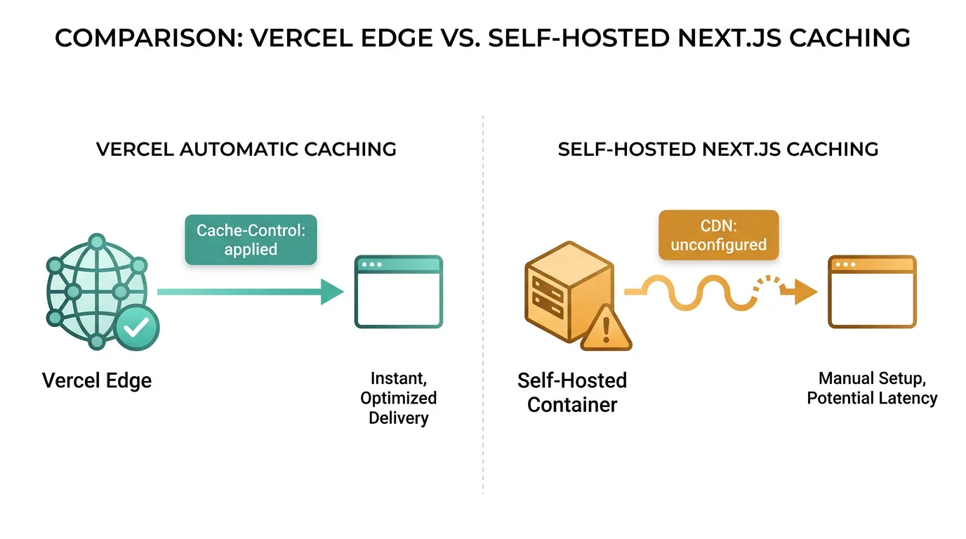 Comparison diagram of Vercel automatic caching versus self-hosted Next.js CDN configuration