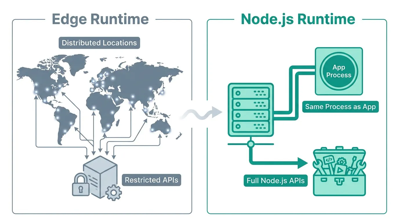 Side-by-side comparison of Edge runtime distributed at edge locations versus Node.js runtime running in the same process as the app server