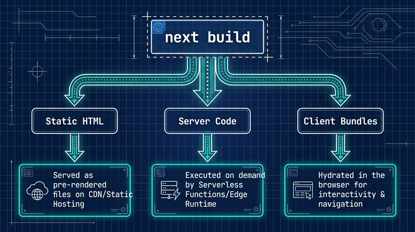 Diagram of Next.js build output split into static HTML, server code, and client bundles