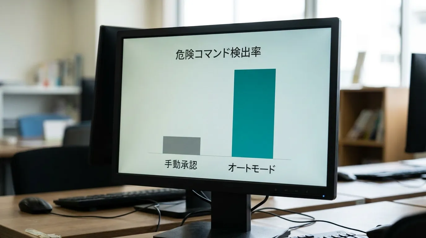 比較棒グラフ: 手動承認時の危険コマンド検出率13.6%とオートモード時の89%を左右で対比