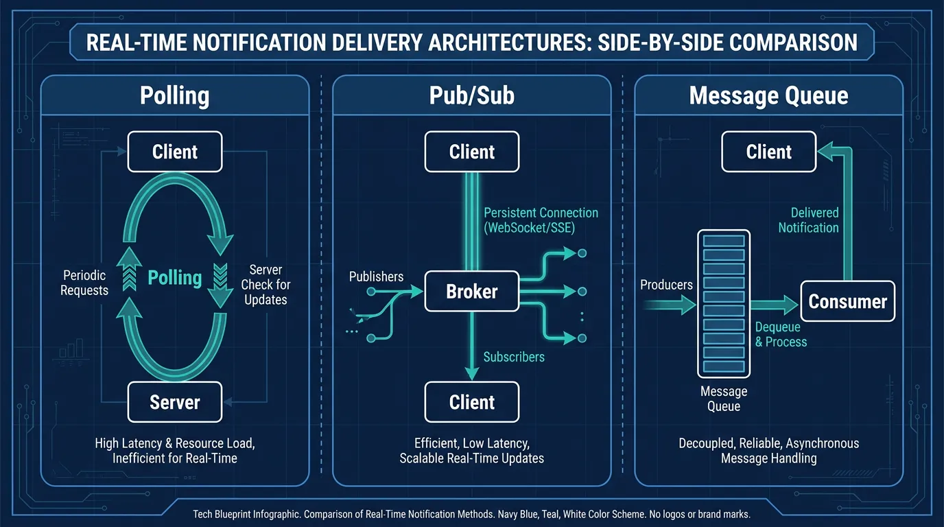 Three architecture diagrams comparing polling, pub/sub over WebSockets, and a message queue consumer