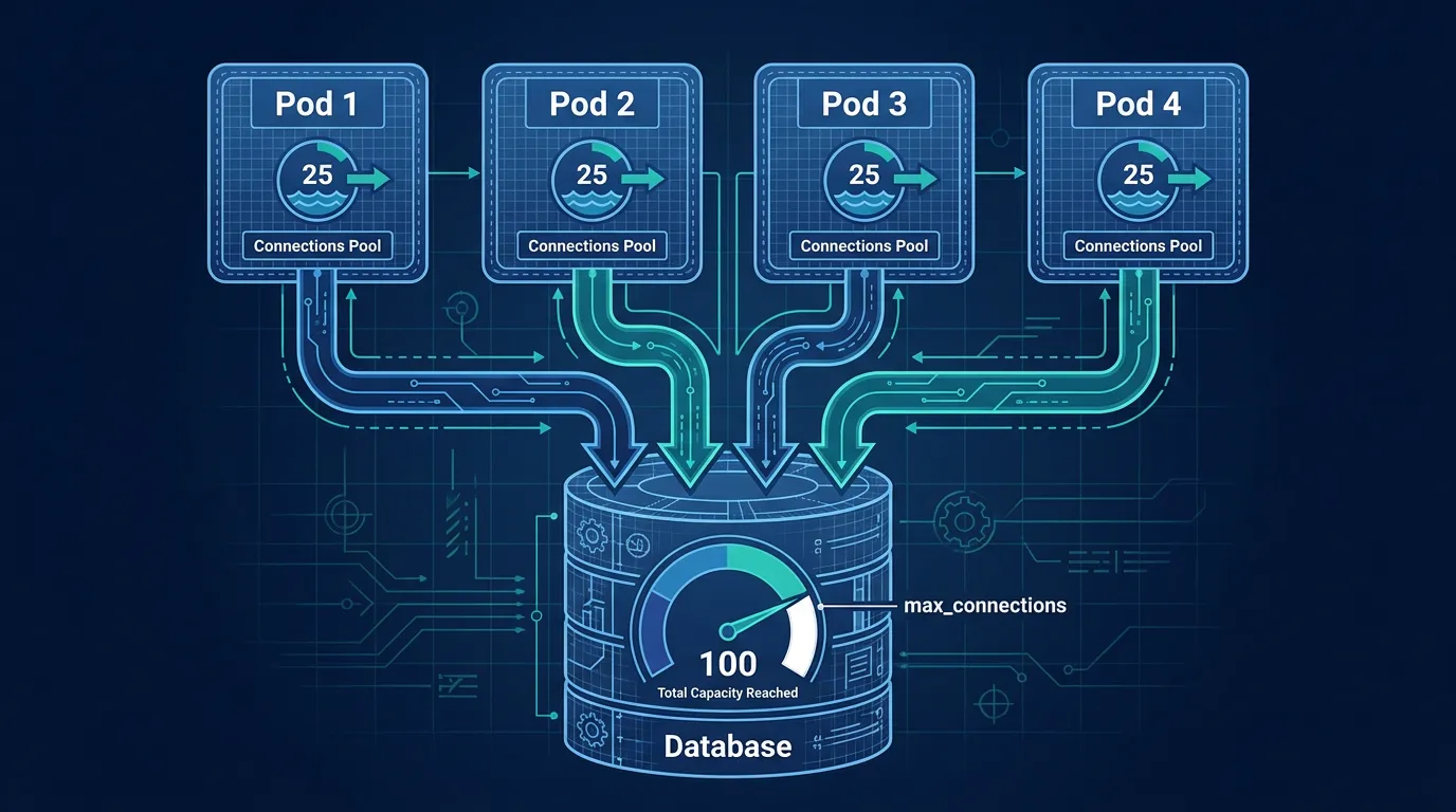 Four Kubernetes pods each with a connection pool, summing toward a database connection limit