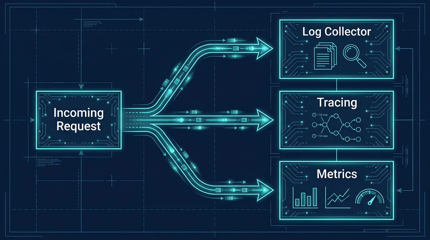 Diagram of one incoming request fanning out to a log collector, a tracing system, and a metrics system