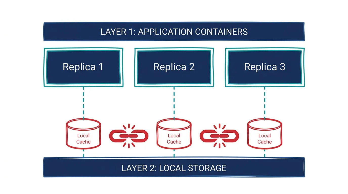 Diagram of three container replicas each with its own disconnected local image cache