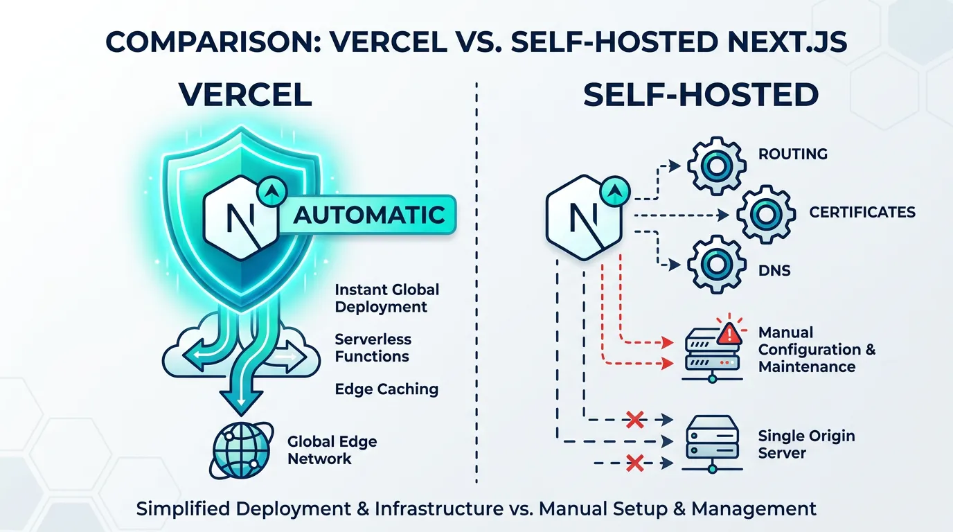 Comparison diagram: Vercel automatically handles routing, certificates, and DNS, while self-hosted Next.js requires wiring them together manually