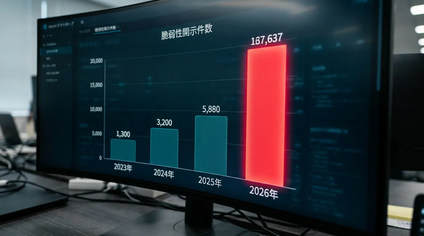 棒グラフ: 2023年〜2026年のCVE(脆弱性)開示件数の推移。2026年に急増し66,000件規模に達する様子を右…