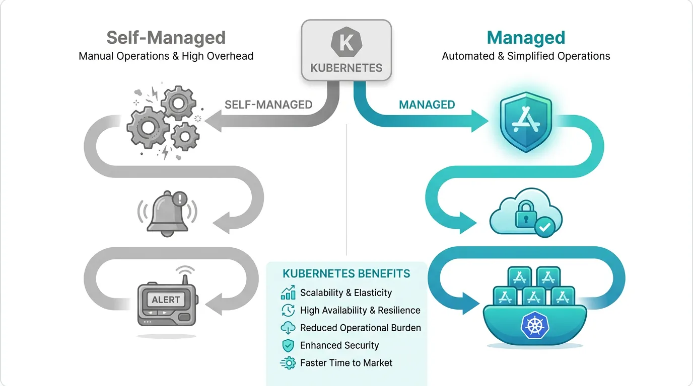 Two paths forking from one point: self-managed Kubernetes leading through gears and a pager, managed Kubernetes leading directly to a stable running application