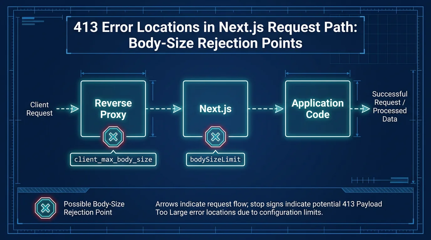 Diagram of a request path through a reverse proxy and Next.js showing two separate body size limit checkpoints