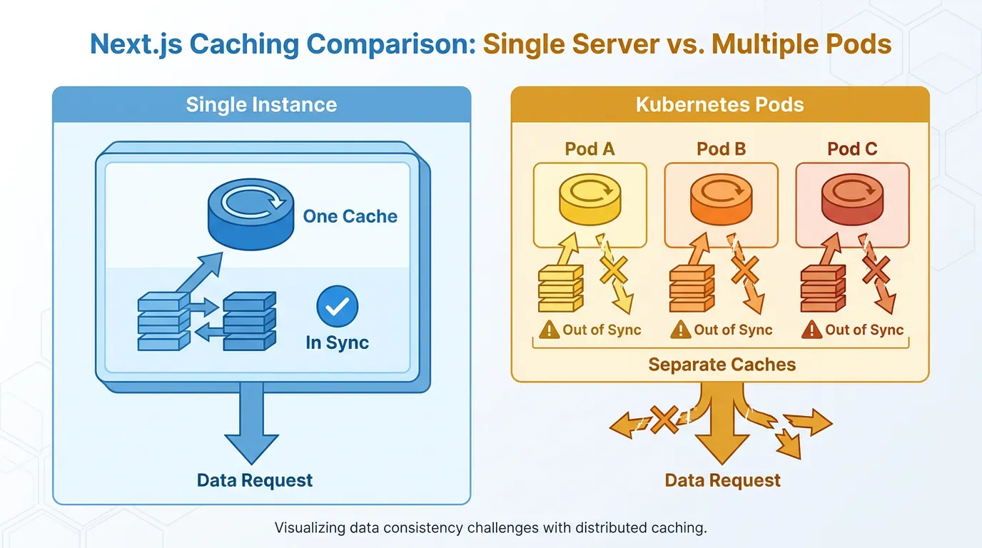 Comparison of a single Next.js instance with one cache versus three Kubernetes pods with separate, out-of-sync caches