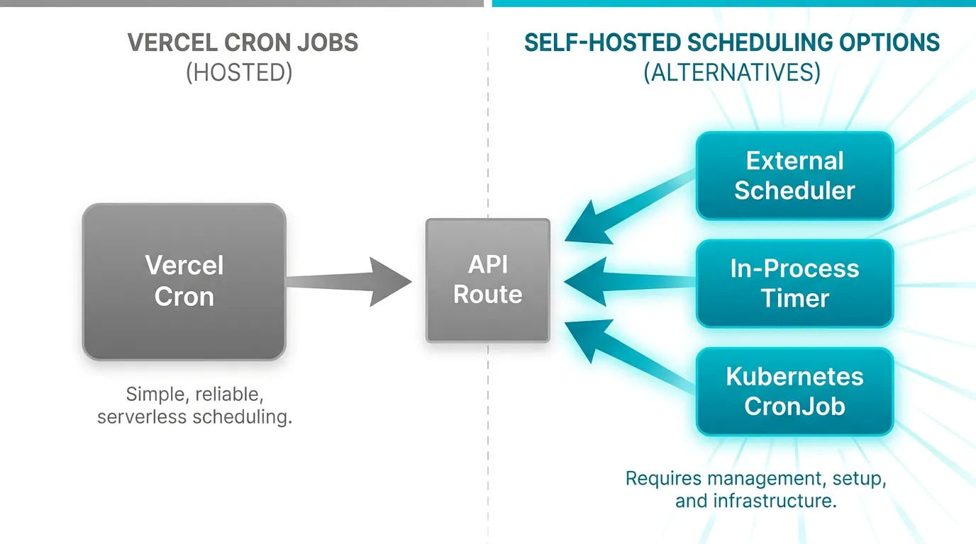 Comparison diagram: Vercel Cron versus external scheduler, in-process timer, and Kubernetes CronJob