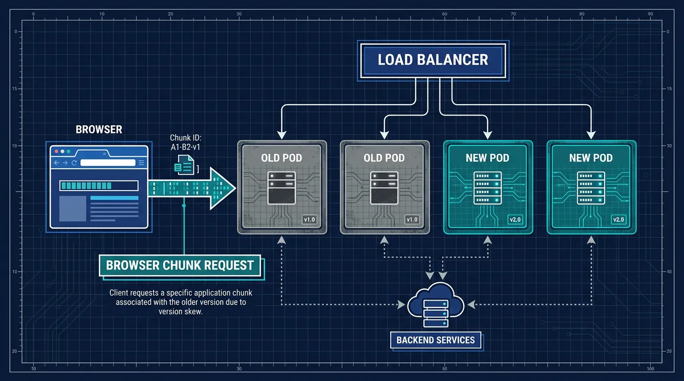 Diagram of a rolling deployment showing old and new pods behind a load balancer while a client browser still references chunks from the old build
