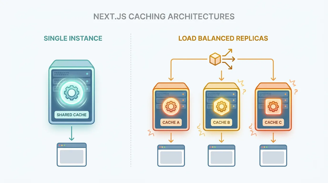 Comparison of a single Next.js instance with one in-sync cache versus three load-balanced replicas each with a mismatched cache