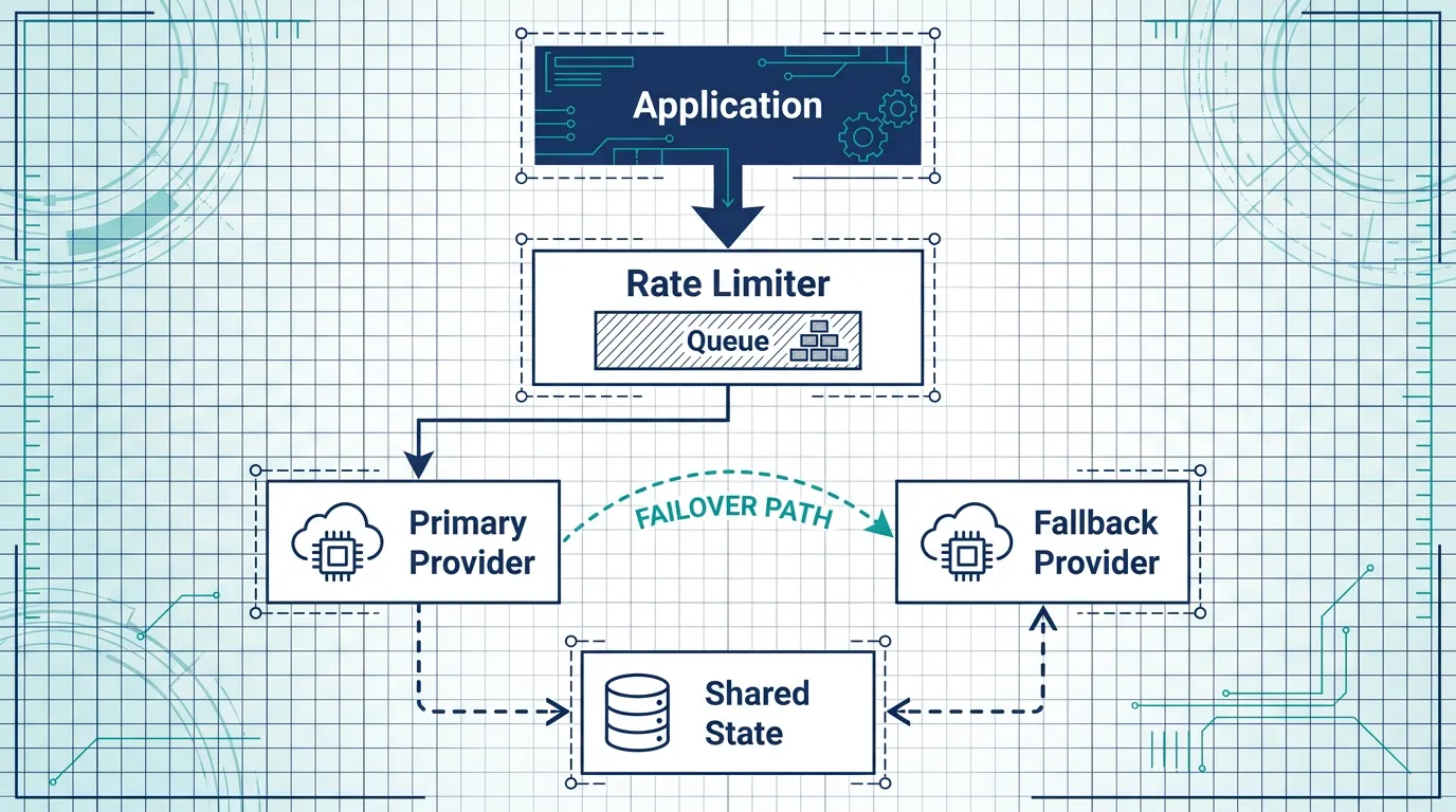 Diagram of a rate limiter and fallback chain routing requests to two LLM providers with shared state across instances