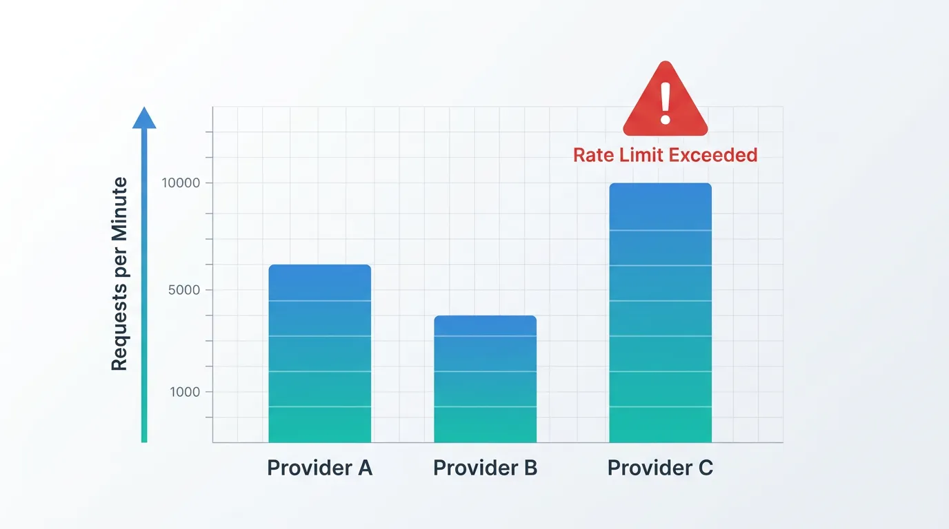Comparison of OpenAI, Anthropic, and Google API rate limit tiers with a rate-limit-exceeded warning