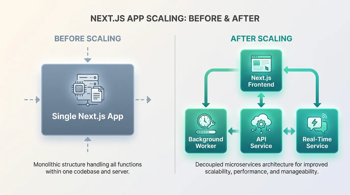 Before and after diagram showing a single Next.js app splitting into an API service, background worker, real-time service, and Next.js frontend as the product scales