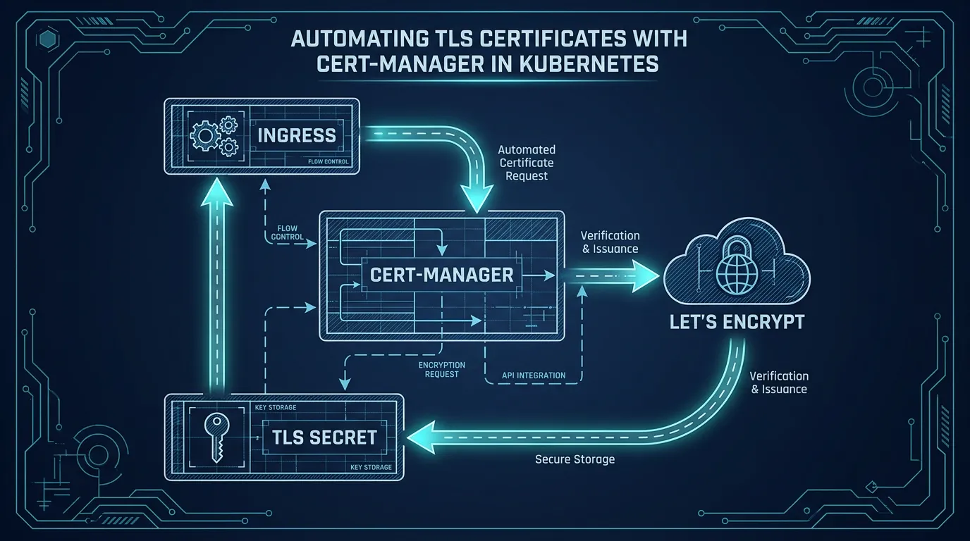 Architecture diagram: an Ingress connects to cert-manager, which requests a certificate from Let's Encrypt and writes it to a TLS Secret the Ingress reads