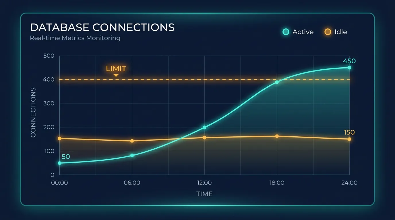 Dashboard panel showing active and idle database connections approaching a limit