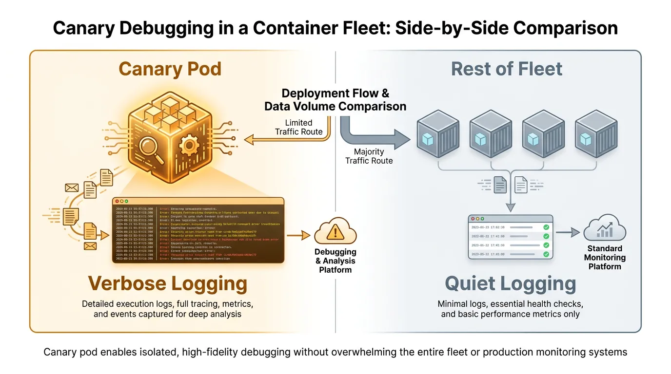 Comparison of one canary pod running verbose logging next to the rest of the fleet running quiet default logging