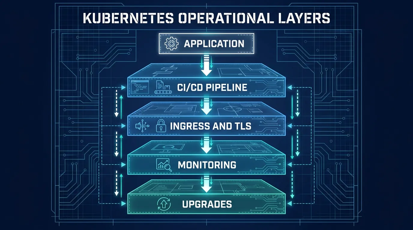Stacked diagram of the operational layers a self-managed Kubernetes cluster needs: application, CI/CD pipeline, ingress and TLS, monitoring, and upgrades