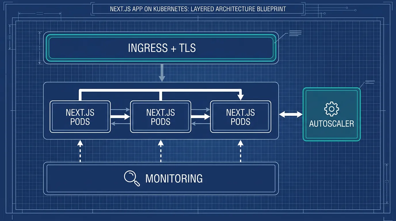 Architecture diagram of a Next.js app deployed on a managed Kubernetes cluster with ingress, autoscaling, and monitoring