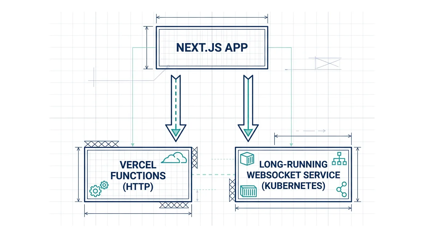 Architecture diagram: a Next.js app connecting to Vercel Functions for HTTP and a separate long-running WebSocket service on Kubernetes for persistent connections