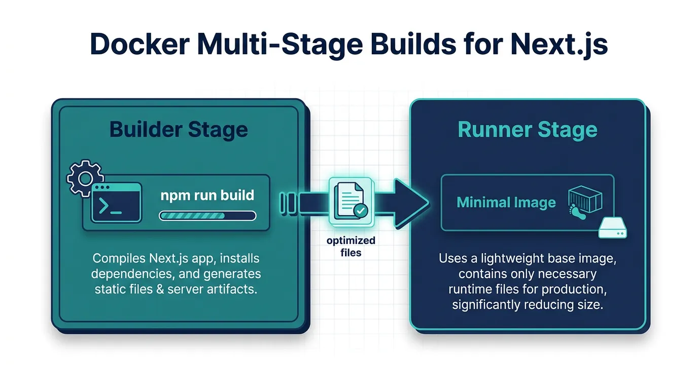 Diagram of a Docker multi-stage build producing a minimal Next.js standalone runtime image