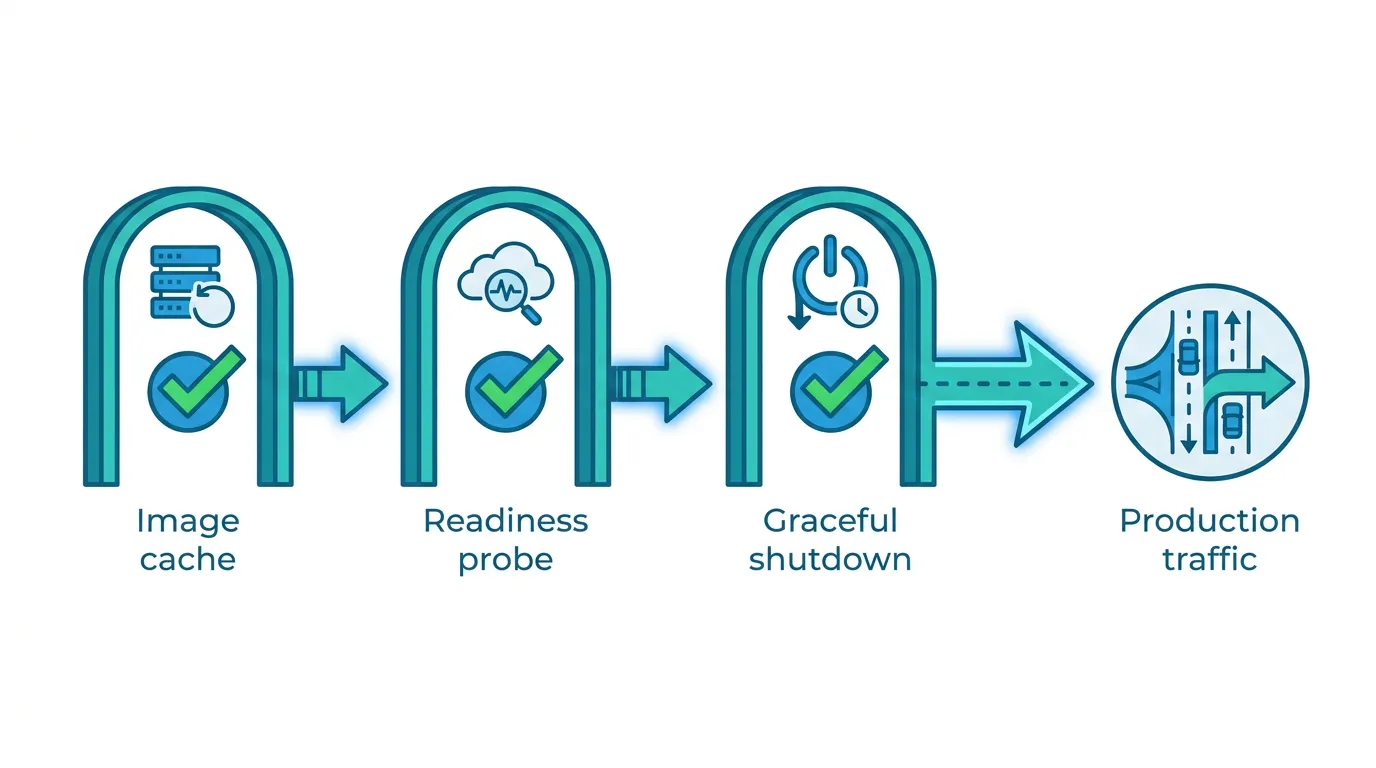 Checklist diagram showing image cache, readiness probe, and graceful shutdown as gates before production traffic