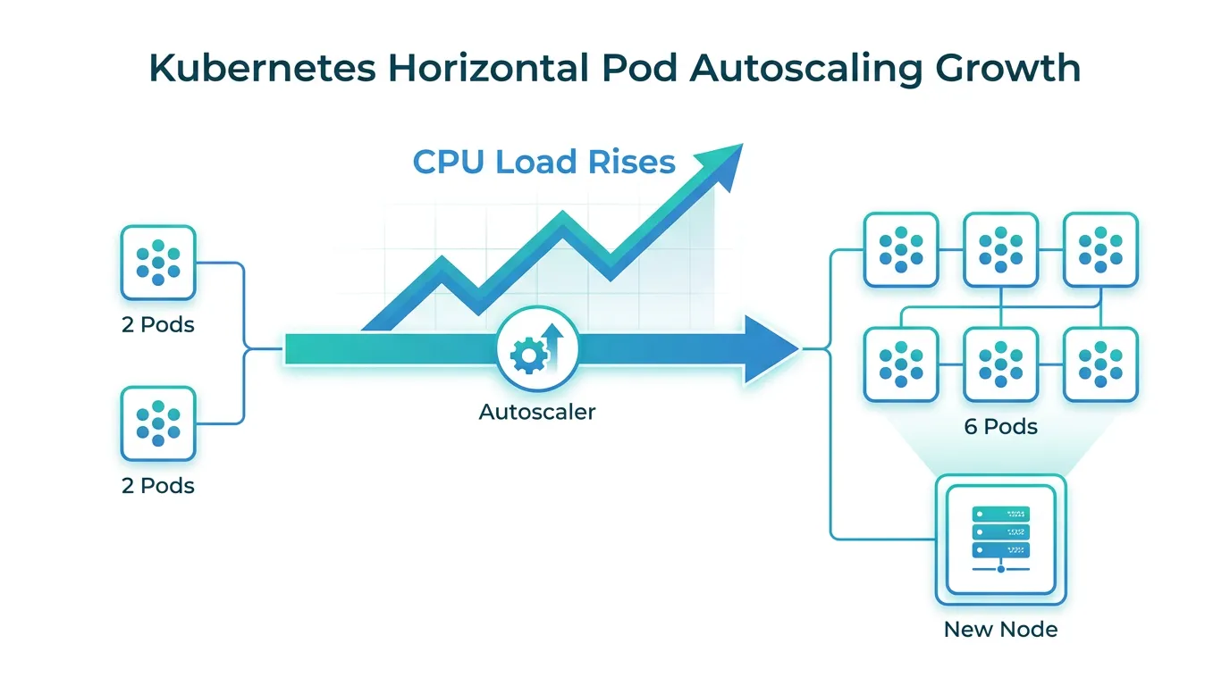 Diagram showing the Kubernetes Horizontal Pod Autoscaler scaling Next.js pods from 2 to 6 replicas as CPU load rises, with a new node added