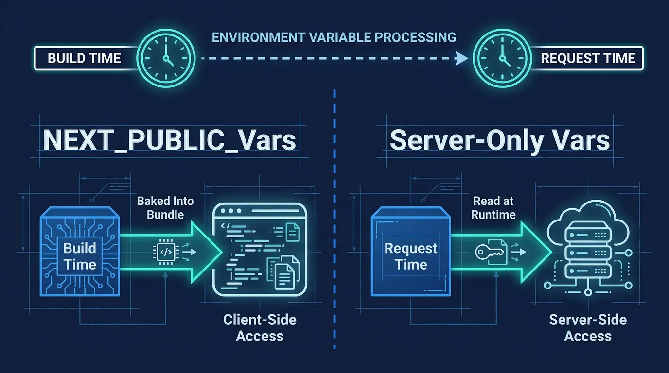 NEXT_PUBLIC_ environment variables baked in at build time versus server-only variables read at request time