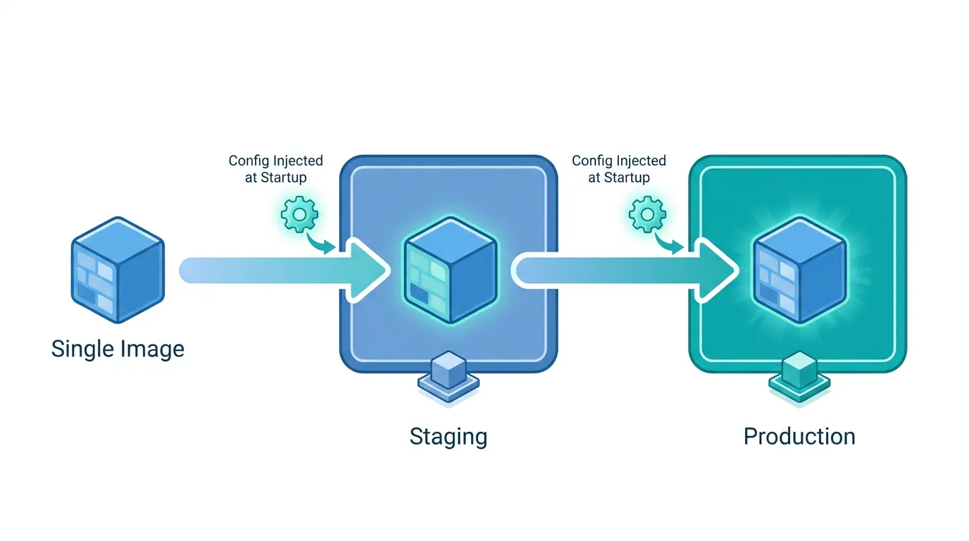Flow diagram of a single container image being promoted from staging to production with configuration injected at startup instead of baked in at build time