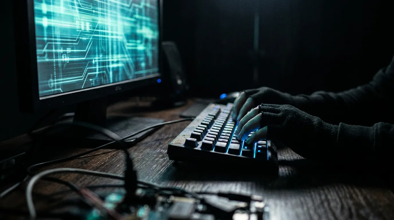 暗がりの中でキーボードを操作する手元、AI悪用の攻撃を想起させる演出