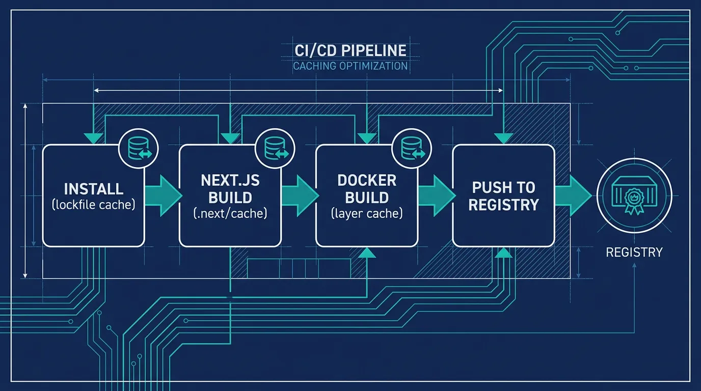 Pipeline diagram showing install, Next.js build, Docker build, and registry push stages each with caching