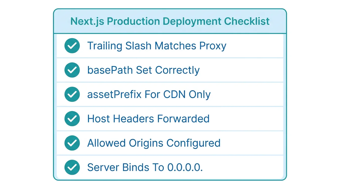 Checklist card of six configuration items for running Next.js behind a reverse proxy in production