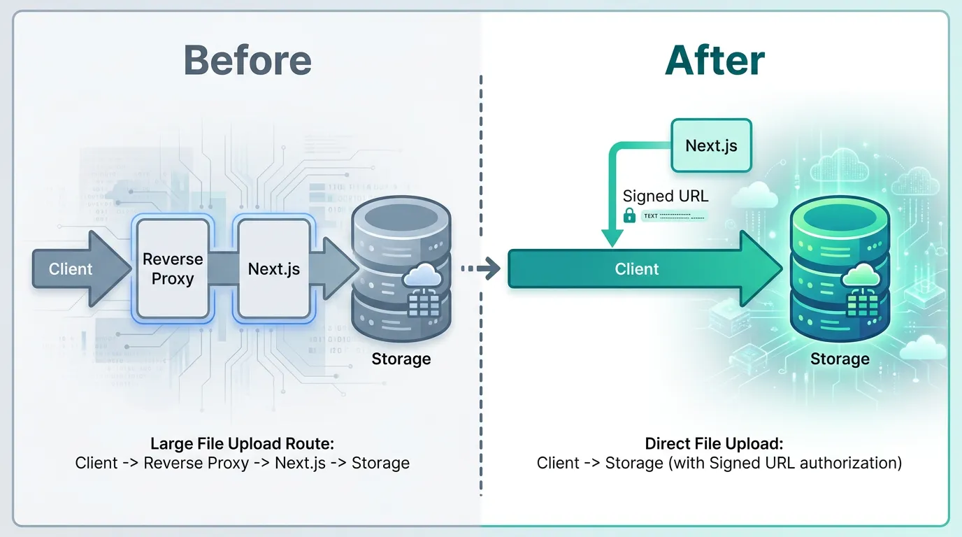 Before and after comparison: file upload routed through the app server versus uploaded directly to object storage via a signed URL
