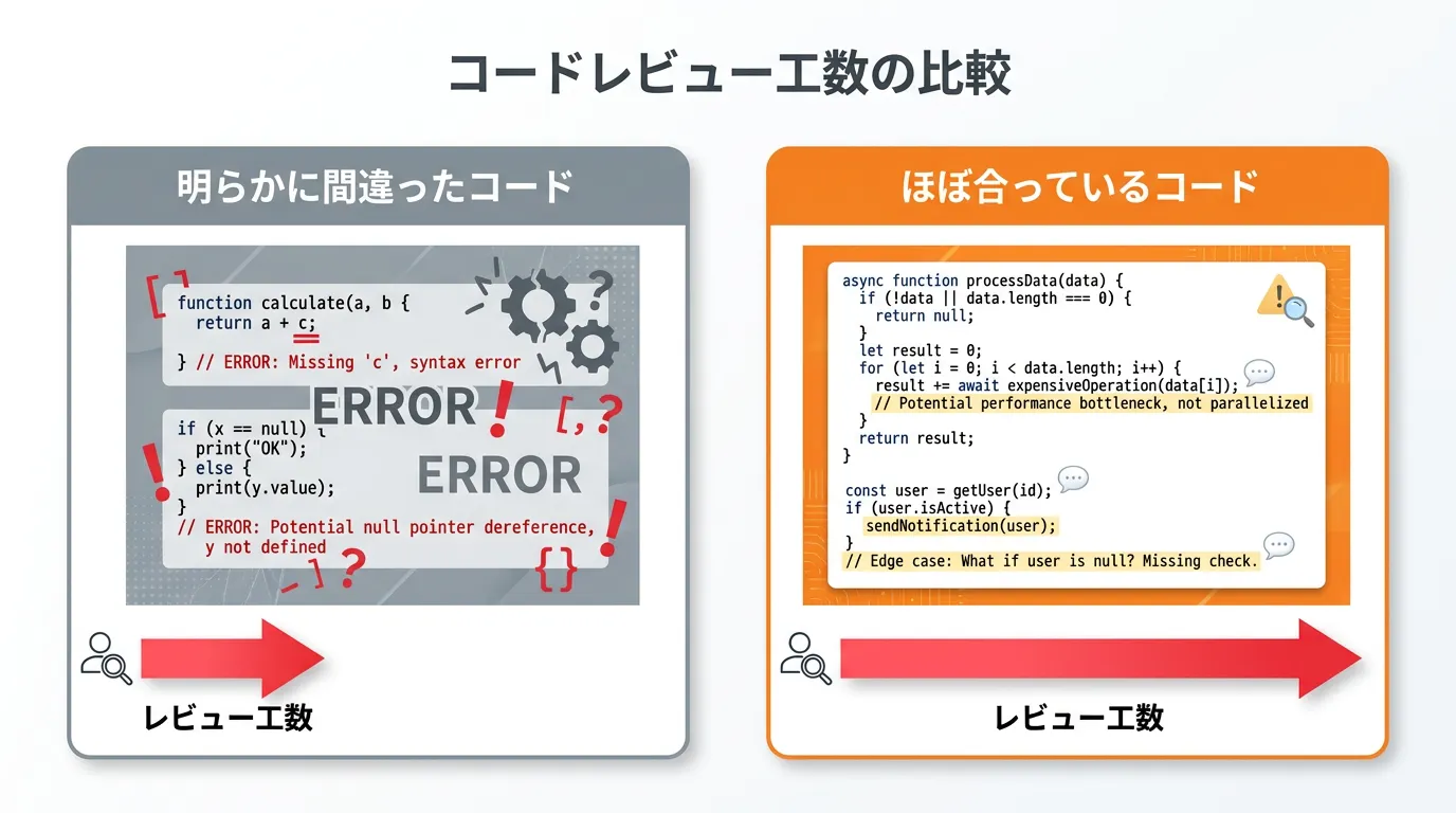 比較図: 「明らかに間違っているコード」と「ほぼ合っているコード」を左右に並べ、後者の方がレビュー工数の矢印が長いことを…