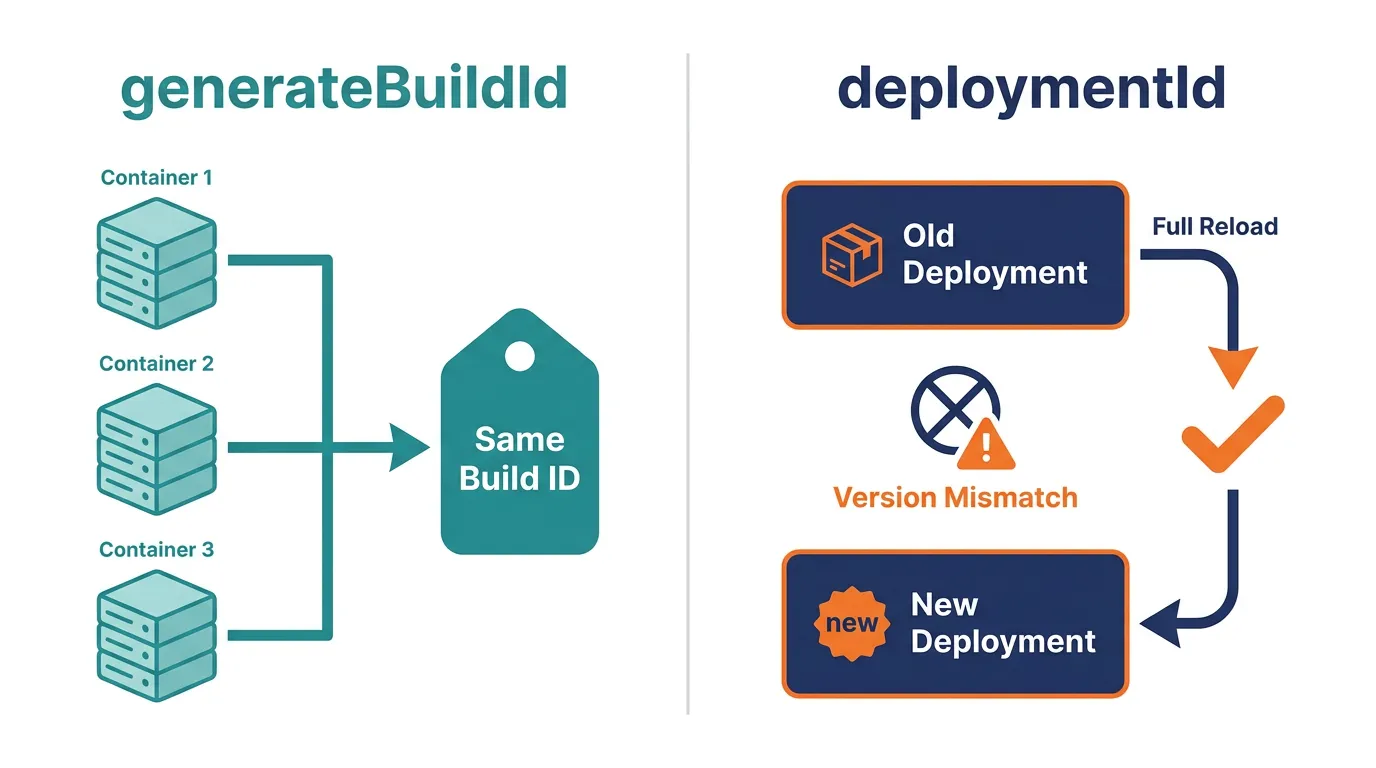 Comparison diagram showing generateBuildId keeping containers in one deployment consistent versus deploymentId detecting mismatches between deployments