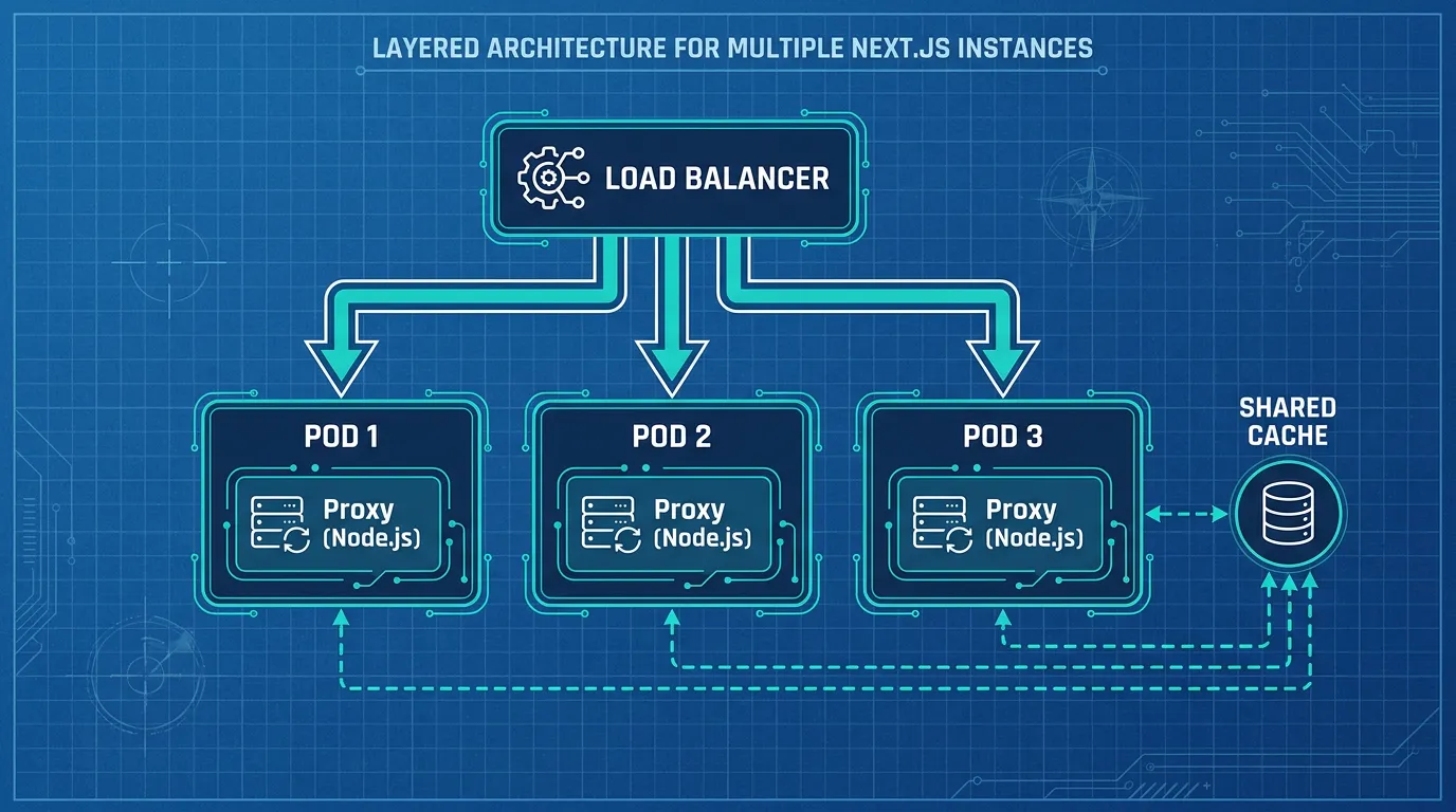 Architecture diagram of multiple self-hosted Next.js pods behind a load balancer sharing a cache store