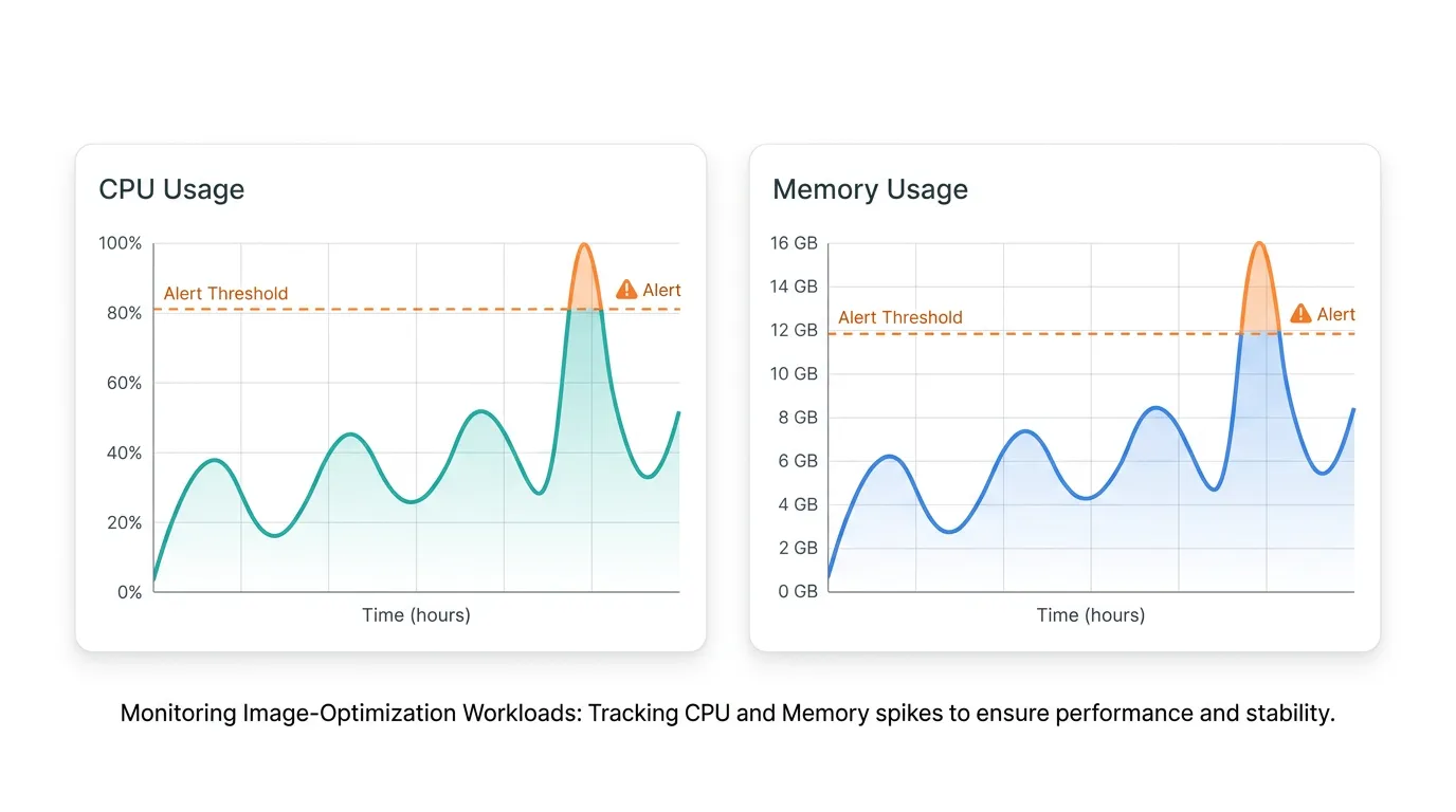 Monitoring dashboard showing CPU and memory usage graphs for image-optimization pods with an alert threshold