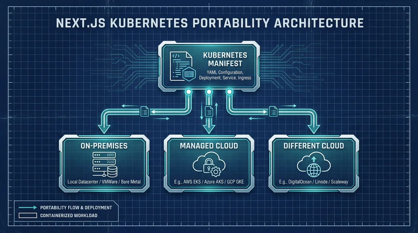 Diagram showing the same Kubernetes manifest for a Next.js app running on a managed cloud, on-premises, and a different cloud